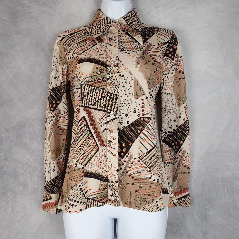 Vintage 70s Geometric Shirt Womens Small Brown Button Front Point Collared
